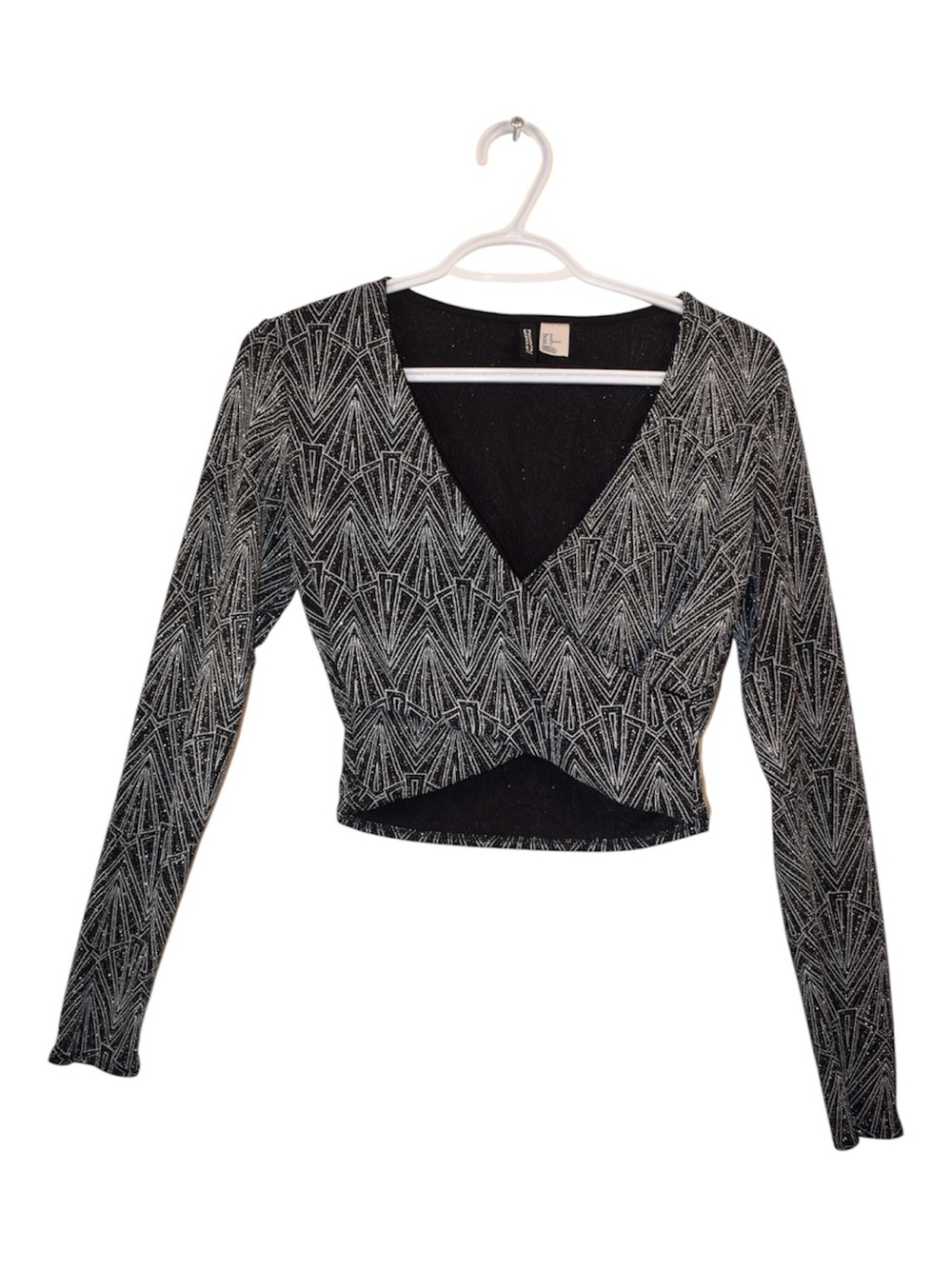 H&M Black Silver Glitter Wrap-Front Long Sleeve Crop Top